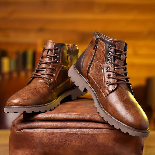 Men's Ankle Boots with Side Zipper and Lace-Up Closure