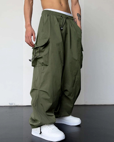 Men's Baggy Wide Leg Cargo Pants with Drawstring Waist