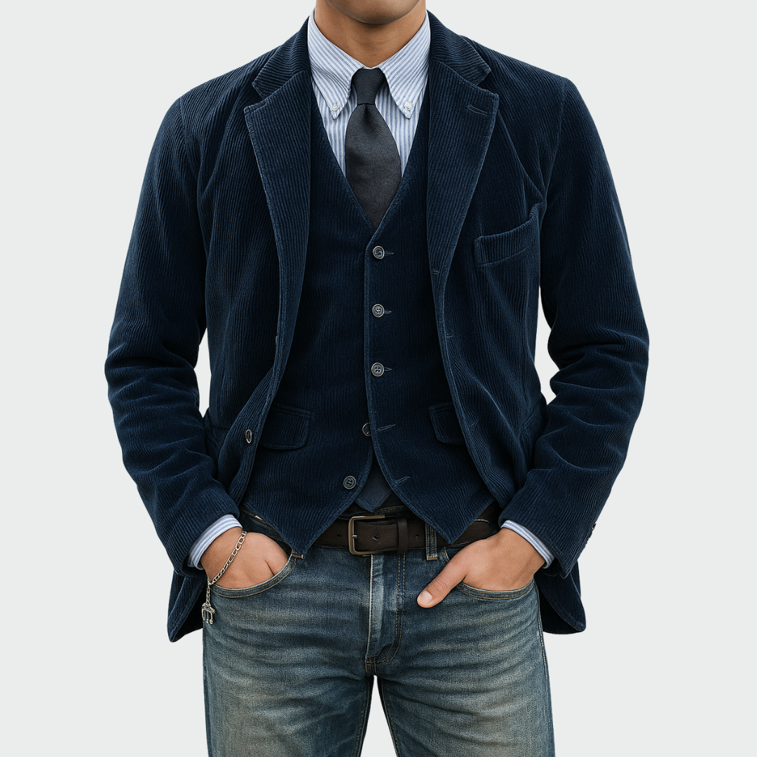 Men's Blazer and Waistcoat Set with Notch Lapel and Flap Pockets
