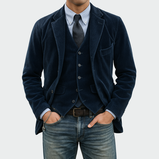 Men's Blazer and Waistcoat Set with Notch Lapel and Flap Pockets
