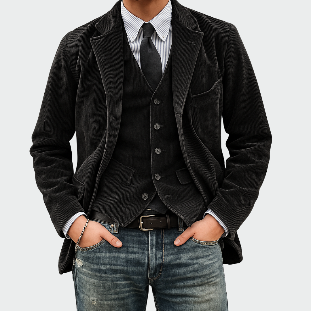 Men's Blazer and Waistcoat Set with Notch Lapel and Flap Pockets