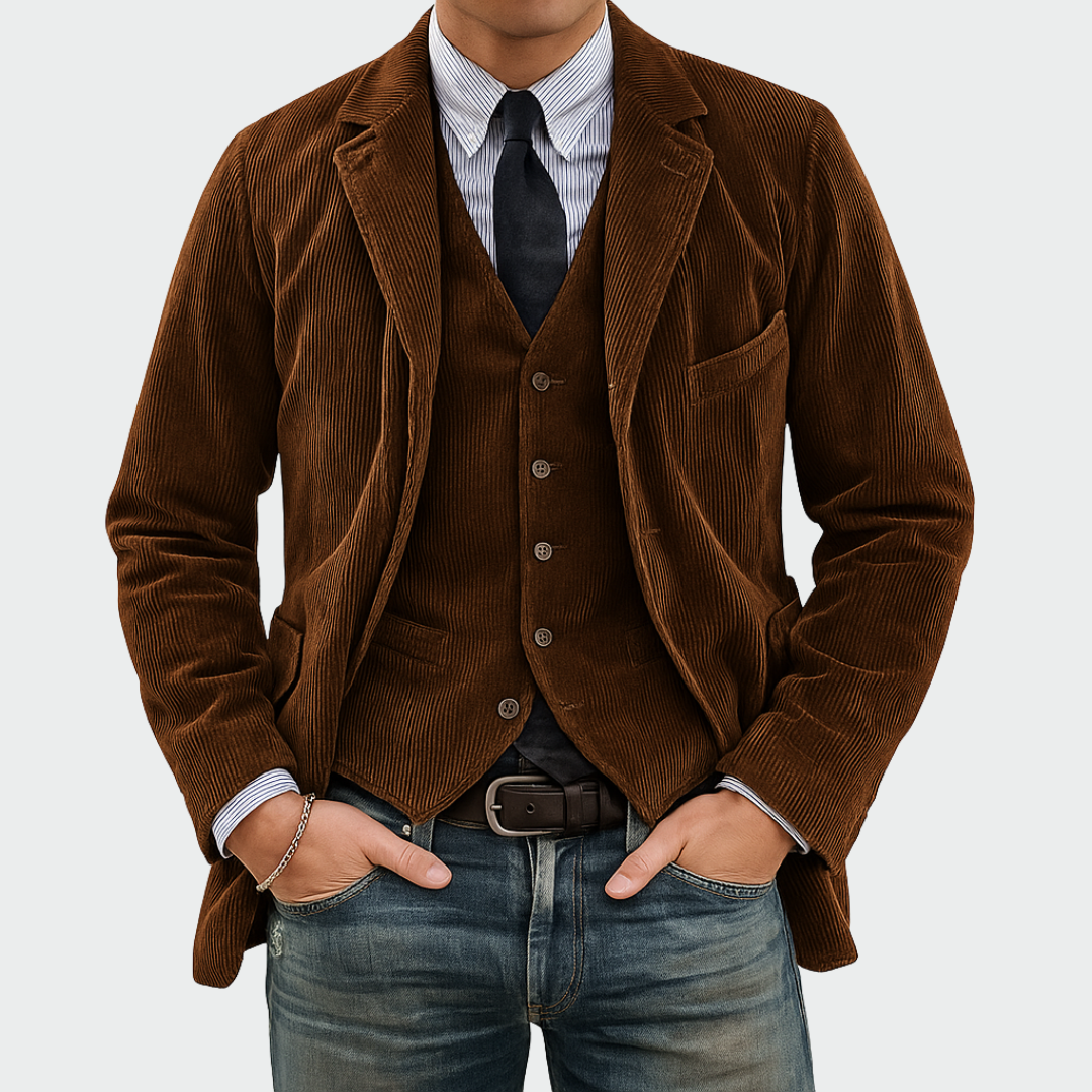 Men's Blazer and Waistcoat Set with Notch Lapel and Flap Pockets