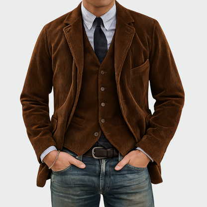 Men's Blazer and Waistcoat Set with Notch Lapel and Flap Pockets