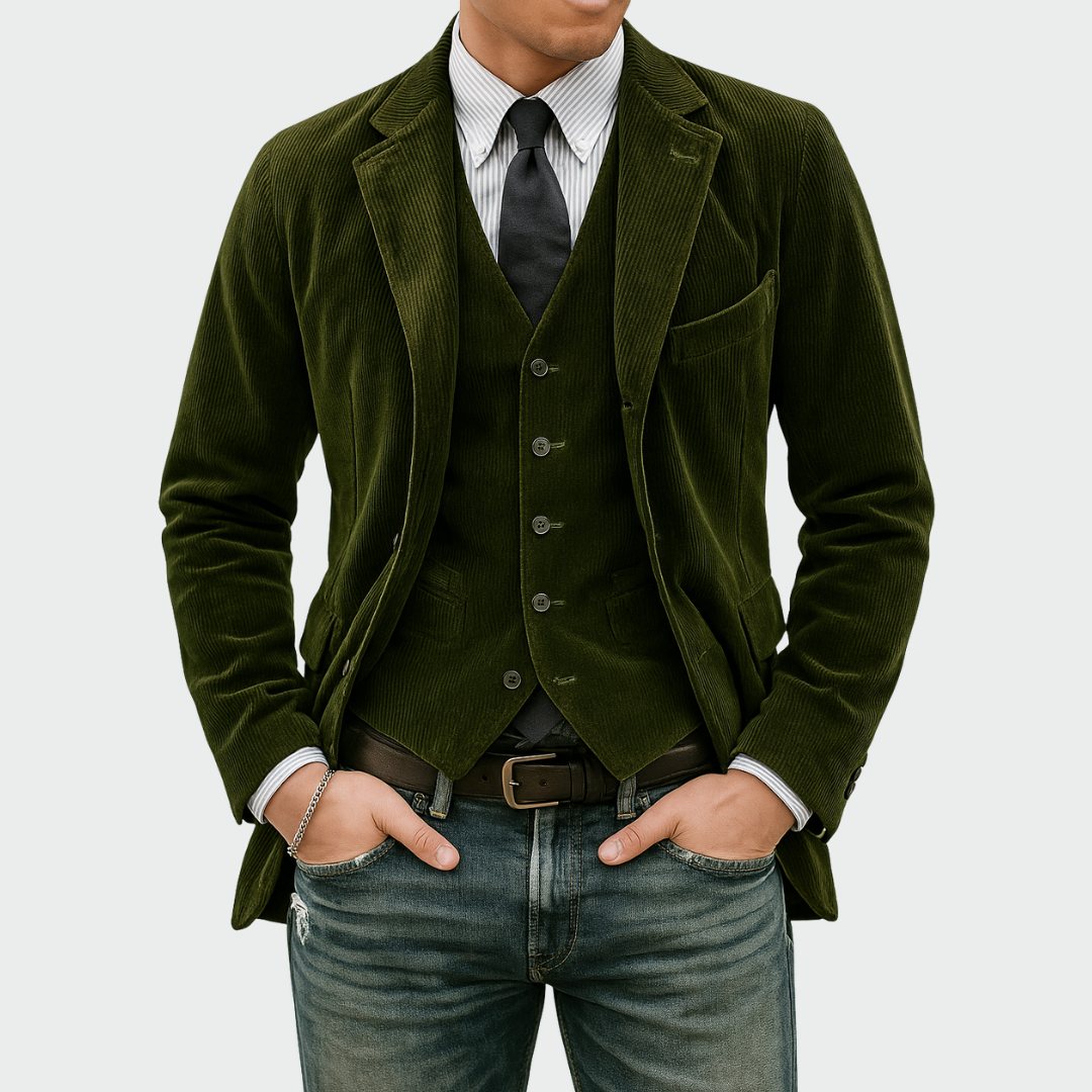 Men's Blazer and Waistcoat Set with Notch Lapel and Flap Pockets