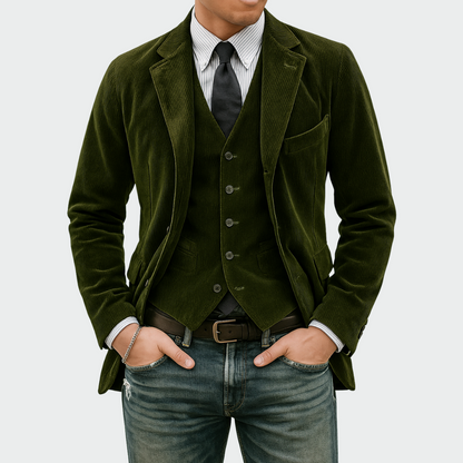 Men's Blazer and Waistcoat Set with Notch Lapel and Flap Pockets