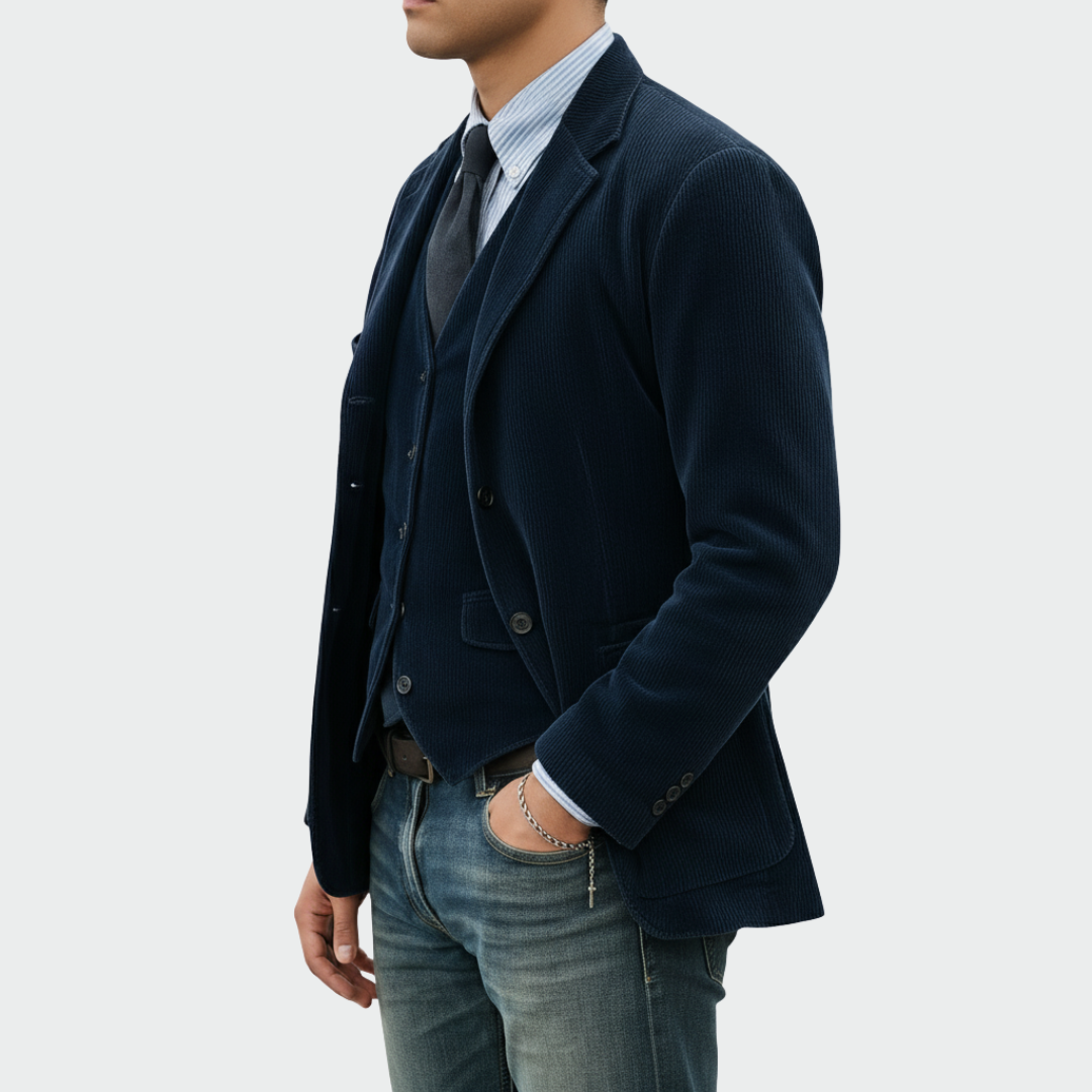 Men's Blazer and Waistcoat Set with Notch Lapel and Flap Pockets