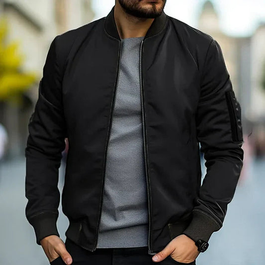 Men's Bomber Jacket with Ribbed Collar and Zip Closure