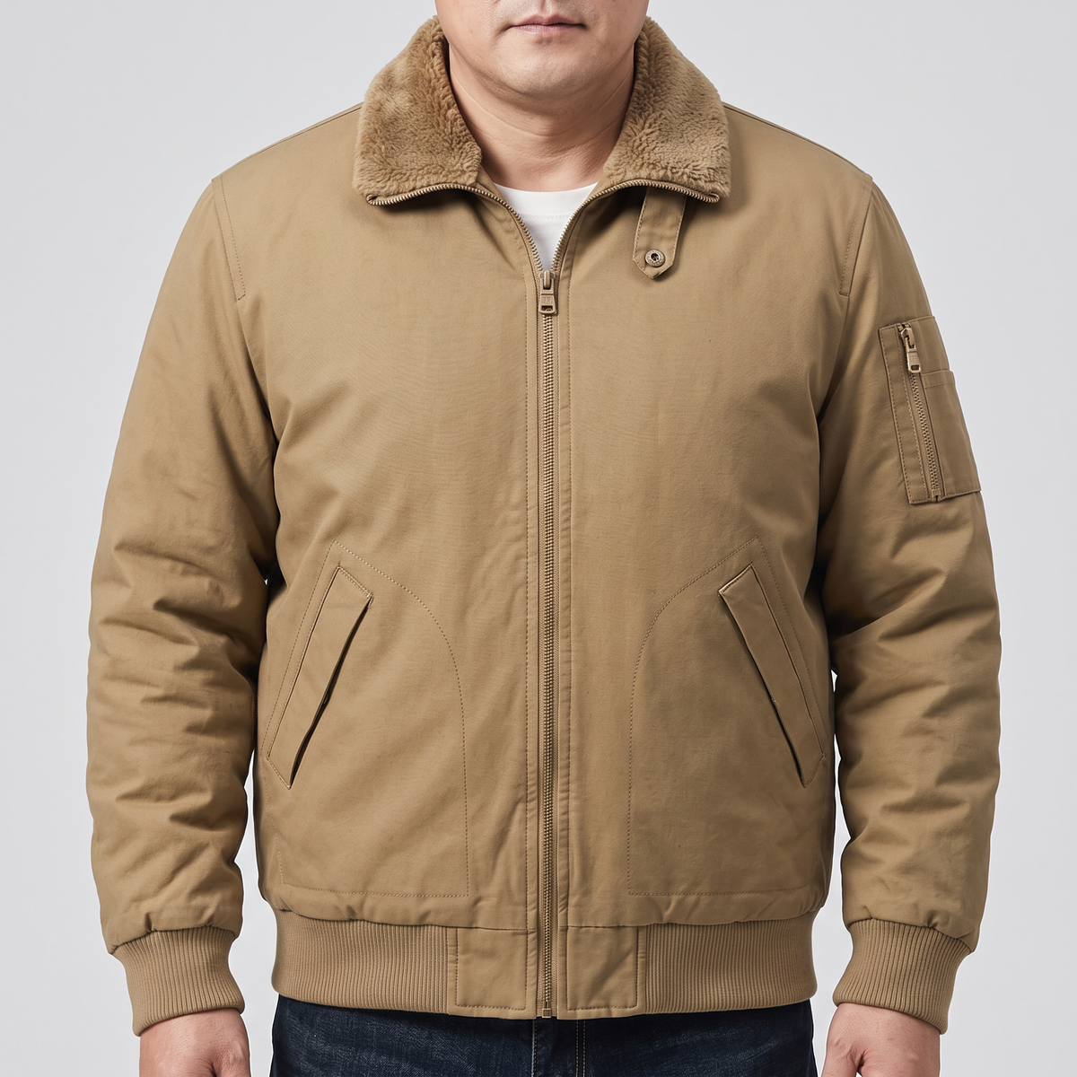 Men's Bomber Jacket with Ribbed Cuffs and Fleece Collar