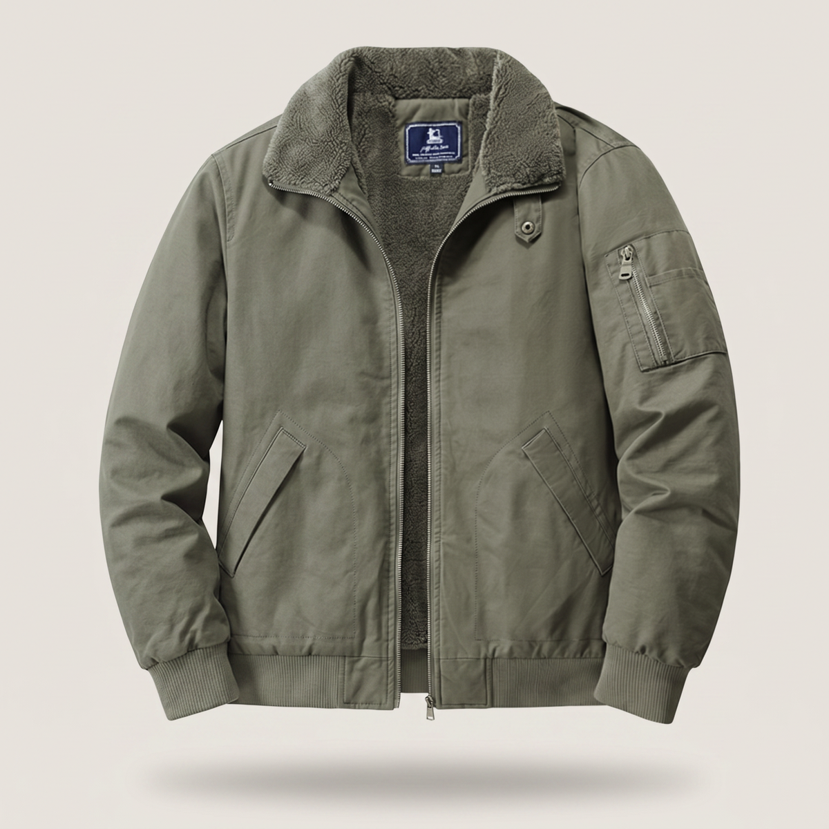 Men's Bomber Jacket with Ribbed Cuffs and Fleece Collar
