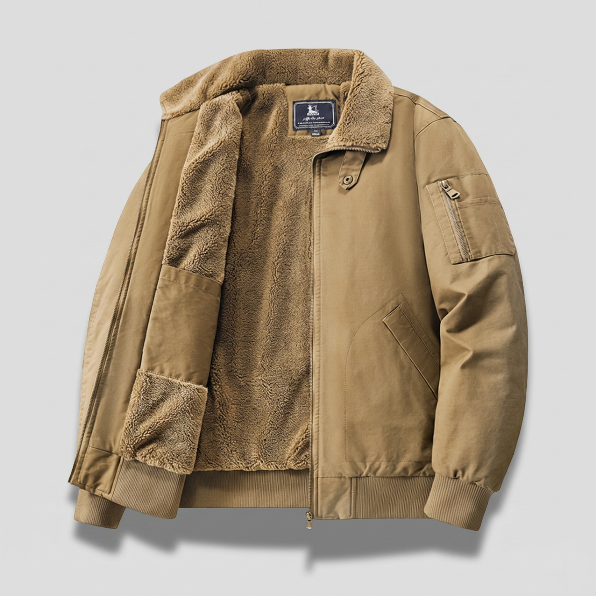 Men's Bomber Jacket with Ribbed Cuffs and Fleece Collar