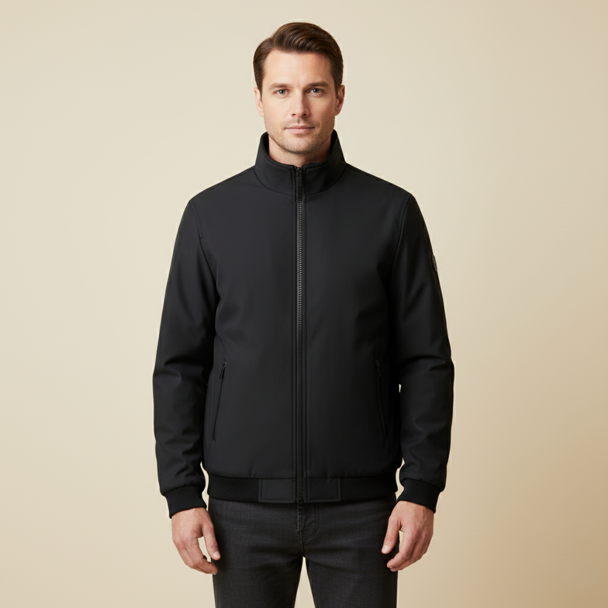 Men's Bomber Jacket with Stand Collar and Zip Front