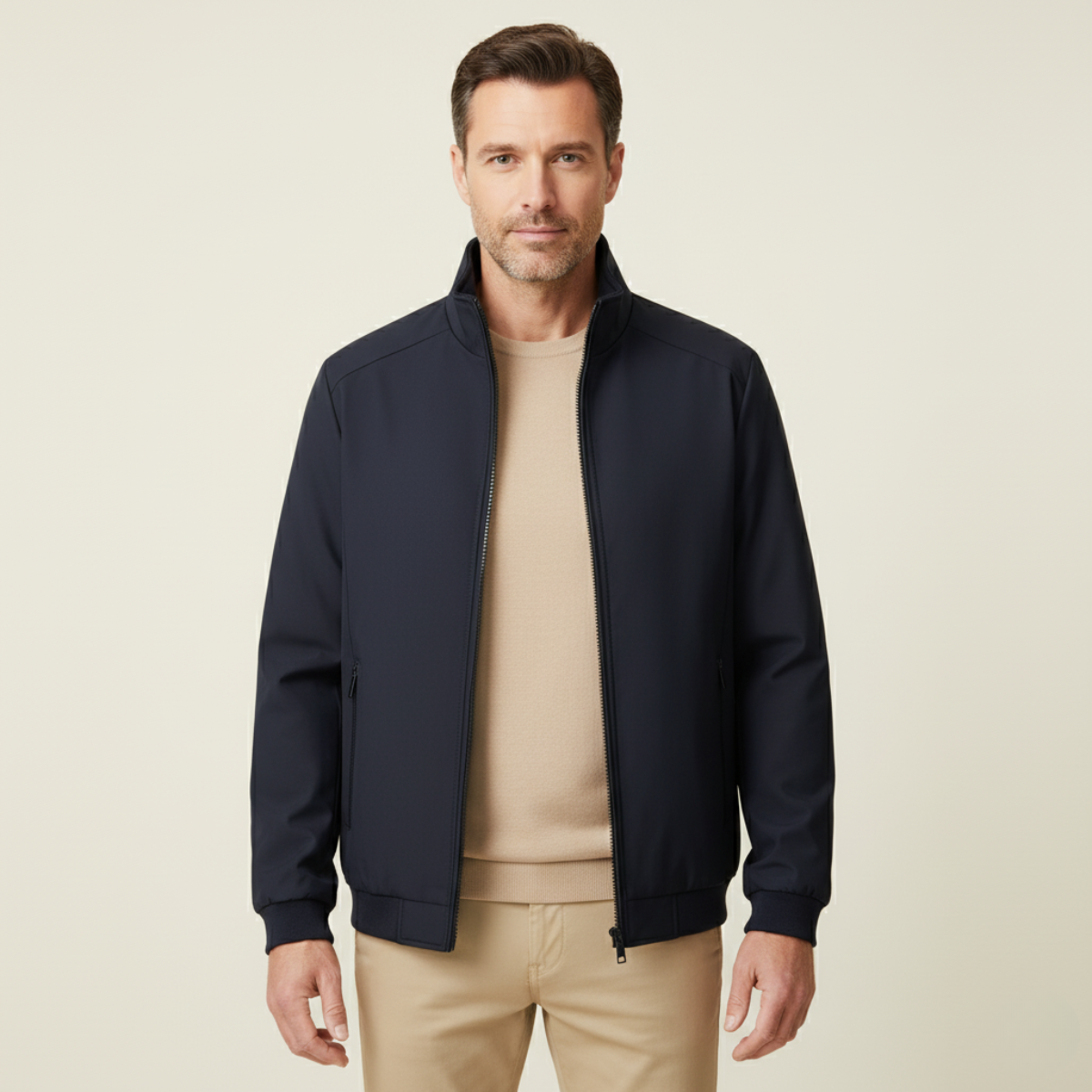 Men's Bomber Jacket with Stand Collar and Zip Front