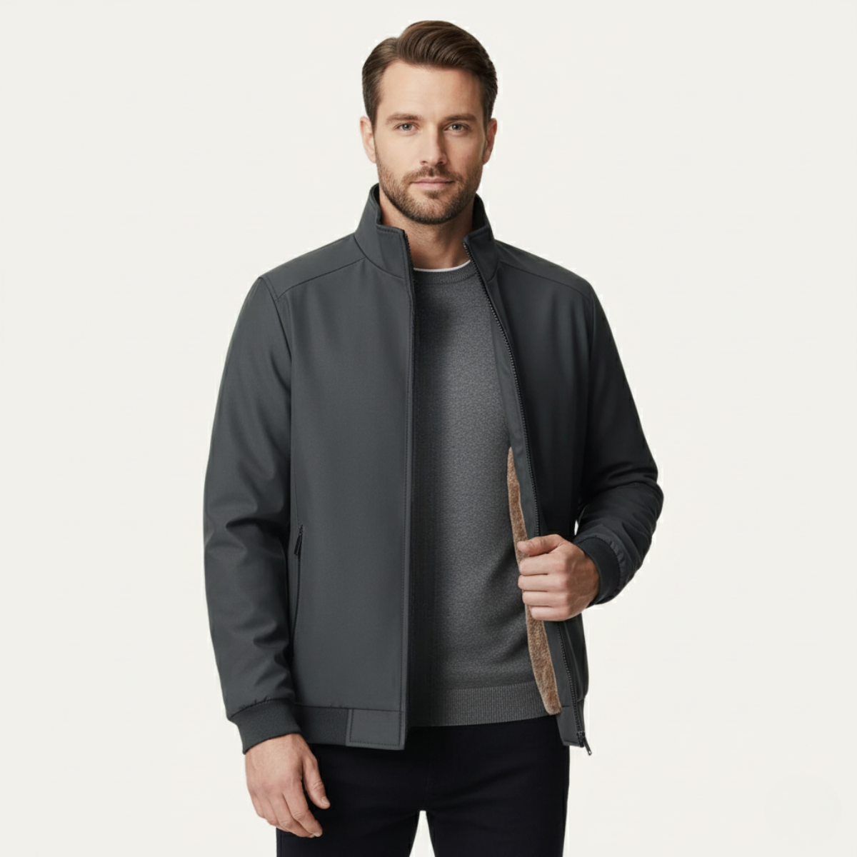 Men's Bomber Jacket with Stand Collar and Zip Front