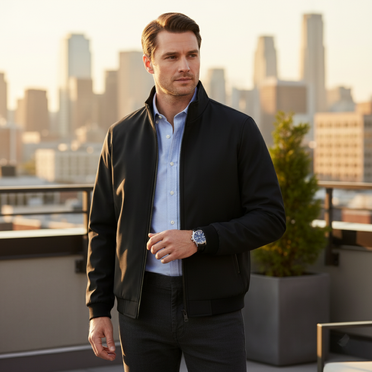 Men's Bomber Jacket with Stand Collar and Zip Front
