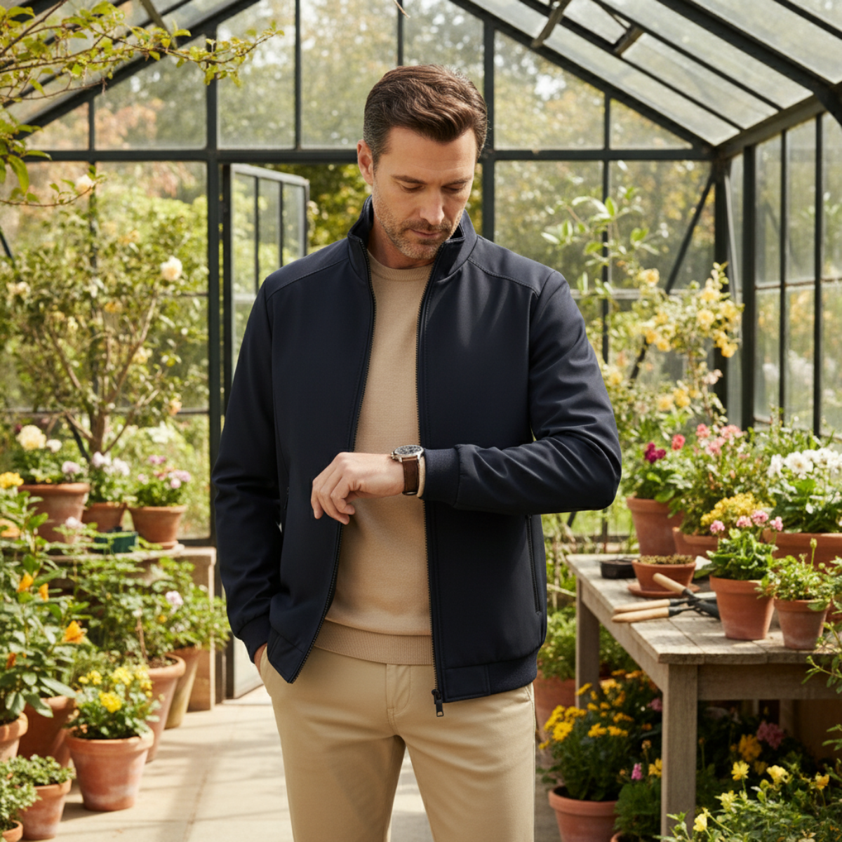 Men's Bomber Jacket with Stand Collar and Zip Front
