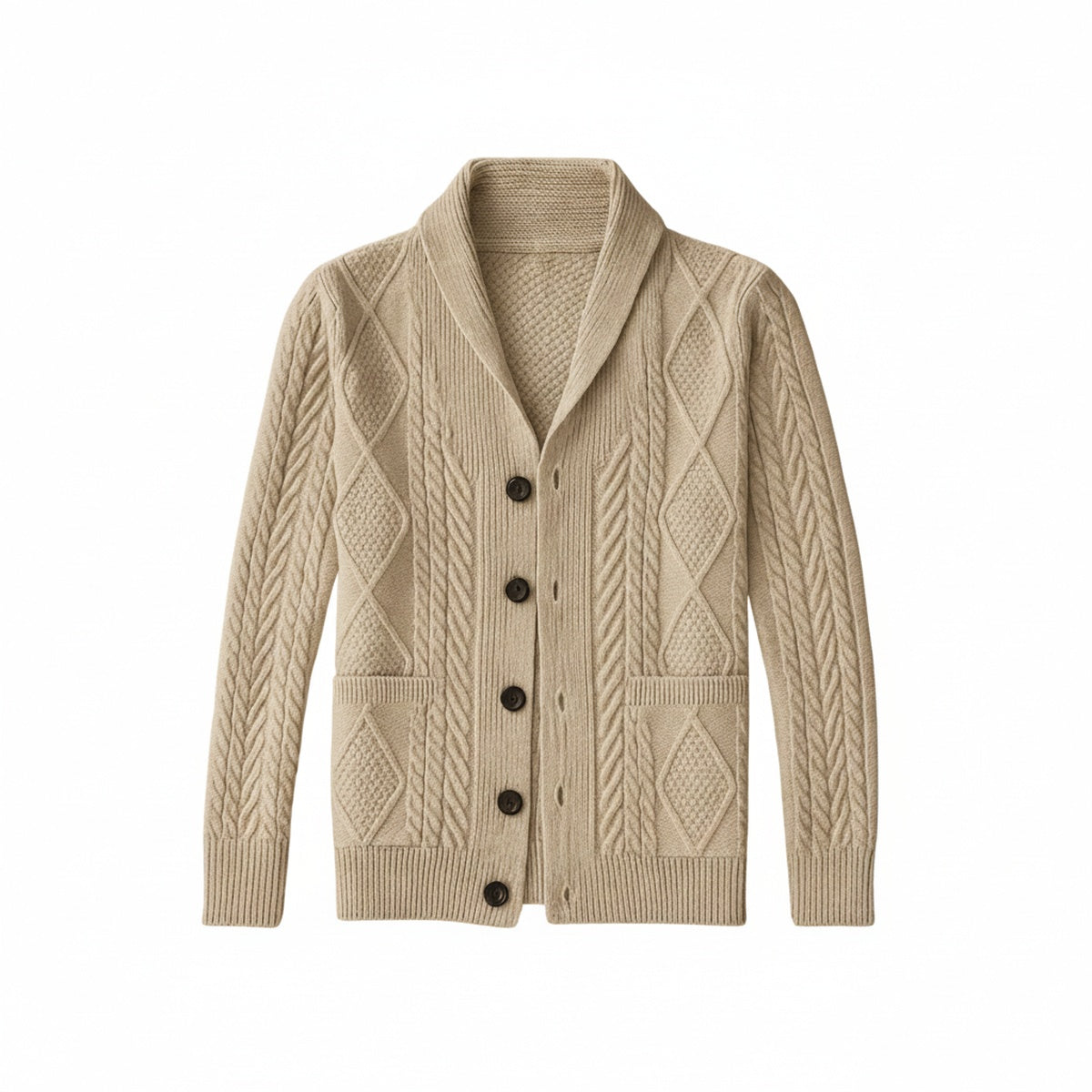Men's Cable Knit Cardigan with Shawl Collar and Button Front