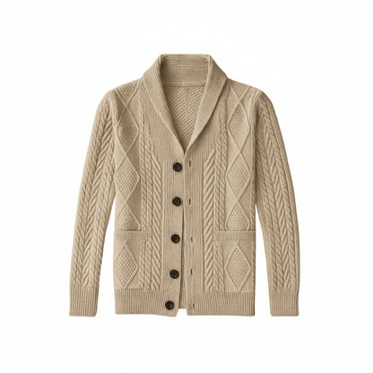 Men's Cable Knit Cardigan with Shawl Collar and Button Front