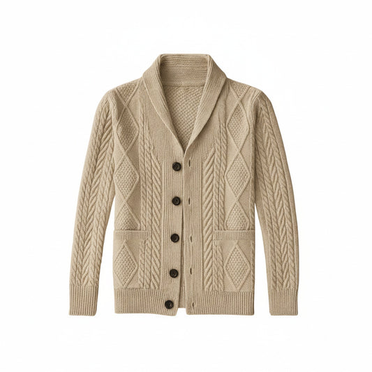 Men's Cable Knit Cardigan with Shawl Collar and Button Front