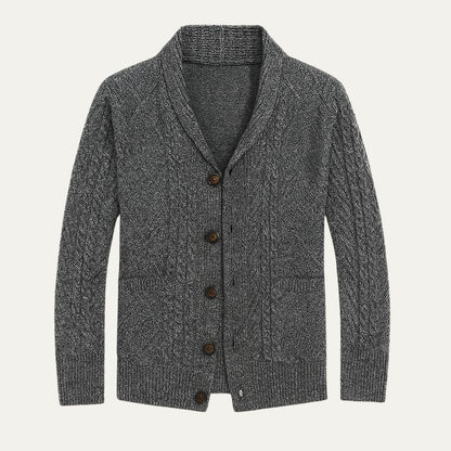 Men's Cable Knit Cardigan with Shawl Collar and Button Front