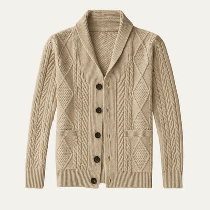 Men's Cable Knit Cardigan with Shawl Collar and Button Front