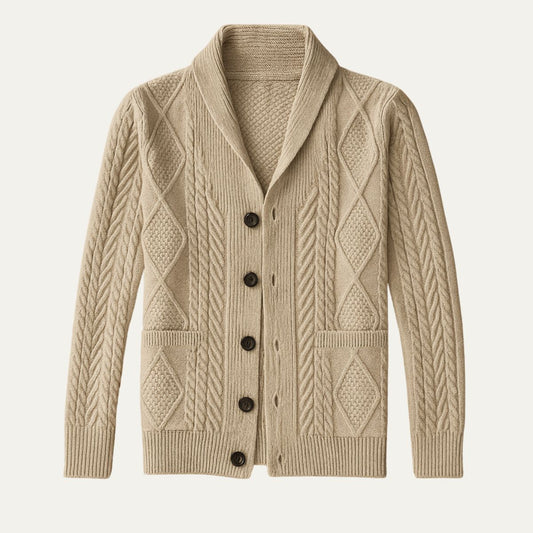 Men's Cable Knit Cardigan with Shawl Collar and Button Front
