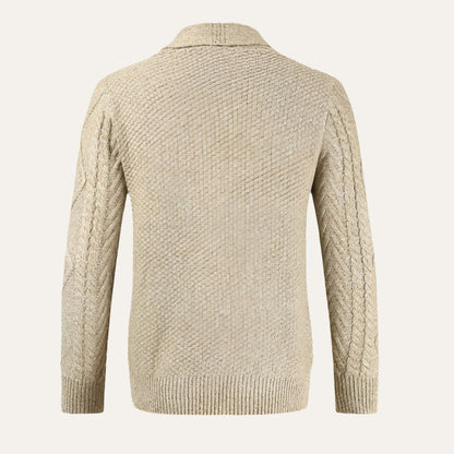 Men's Cable Knit Cardigan with Shawl Collar and Button Front