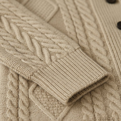 Men's Cable Knit Cardigan with Shawl Collar and Button Front