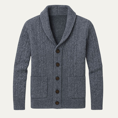 Men's Cable Knit Cardigan with Shawl Collar and Button Front