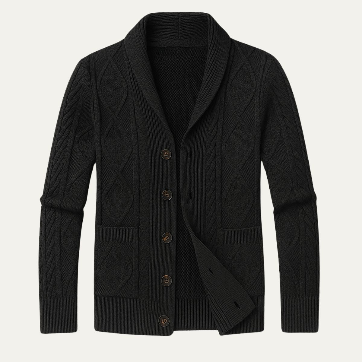 Men's Cable Knit Cardigan with Shawl Collar and Button Front