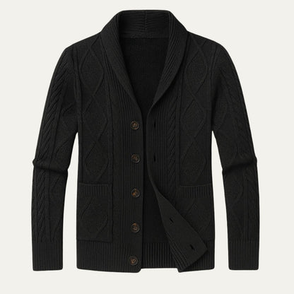 Men's Cable Knit Cardigan with Shawl Collar and Button Front