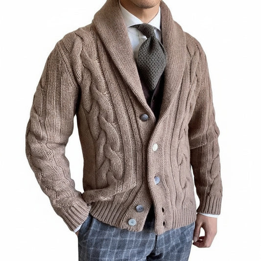 Men's Cardigan with Shawl Collar and Cable Pattern Long Sleeve Button Closure