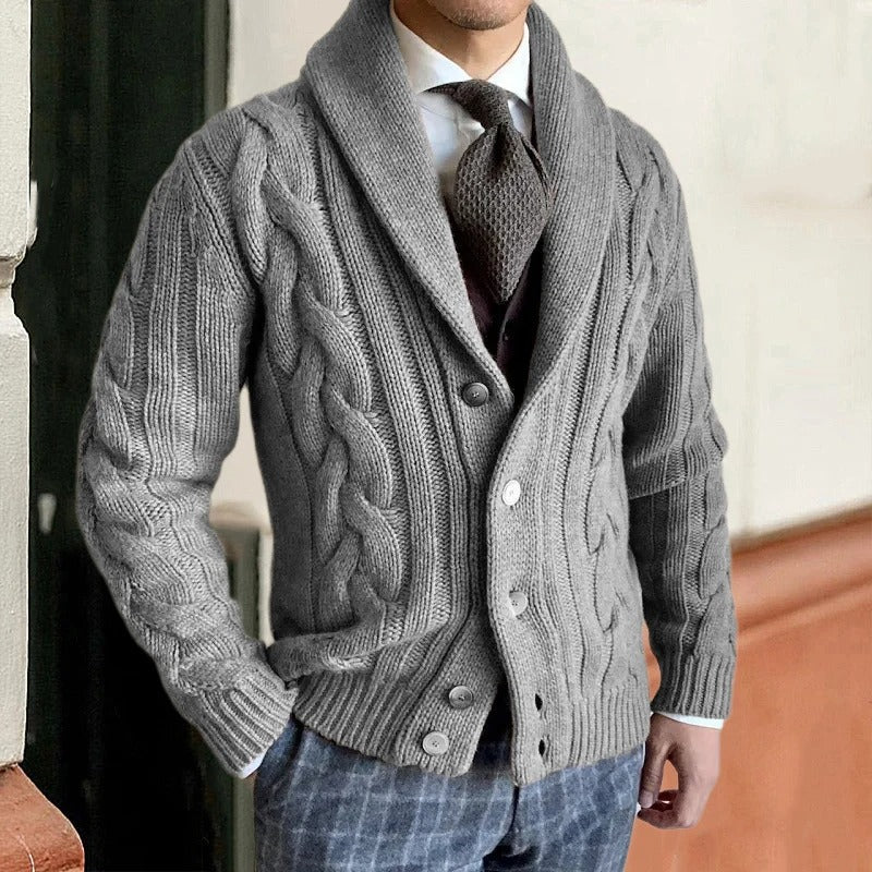 Men's Cardigan with Shawl Collar and Cable Pattern Long Sleeve Button Closure