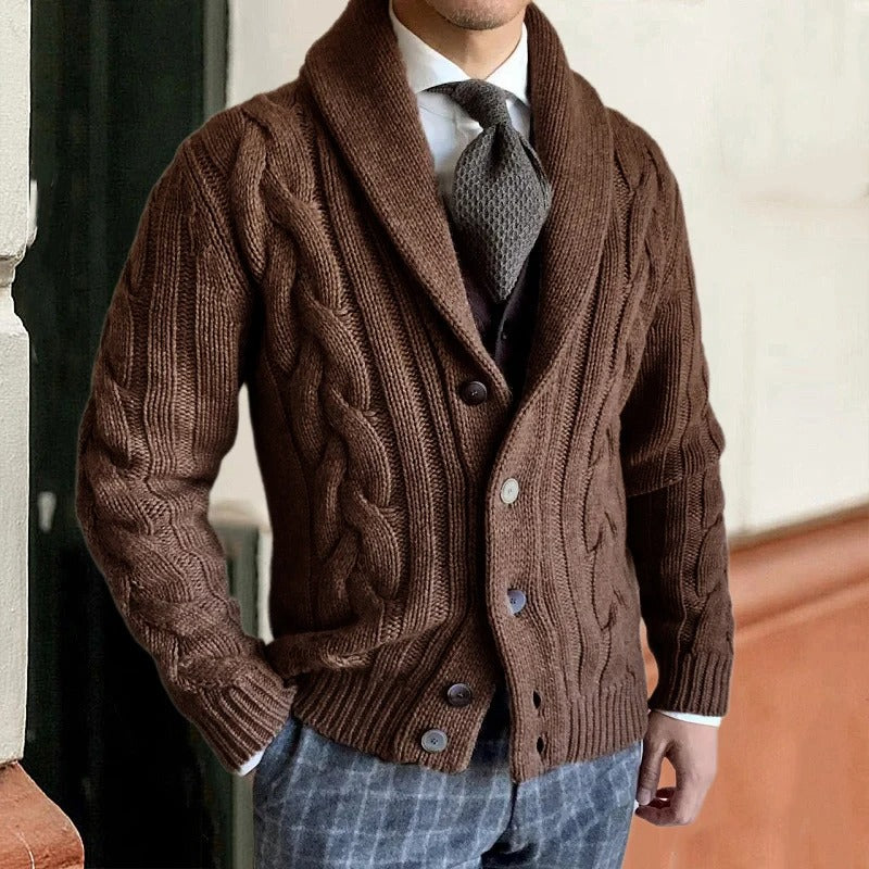 Men's Cardigan with Shawl Collar and Cable Pattern Long Sleeve Button Closure