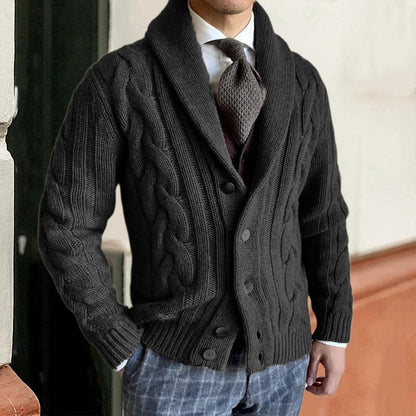 Men's Cardigan with Shawl Collar and Cable Pattern Long Sleeve Button Closure
