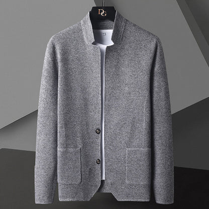 Men's Cardigan with Stand Collar and Button Closure