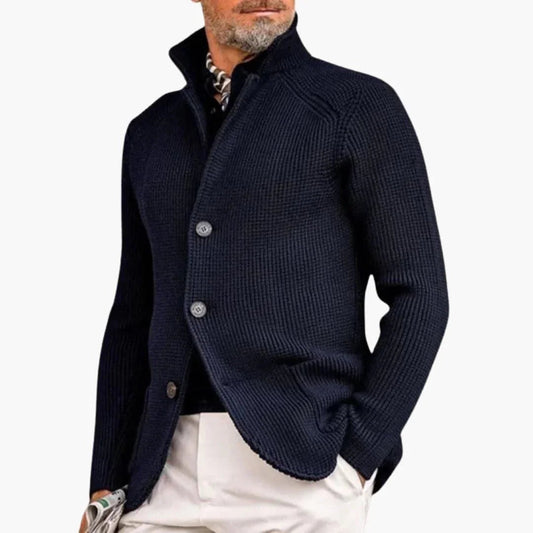 Men's Cardigan with Stand Collar and Button Closure Long Sleeve