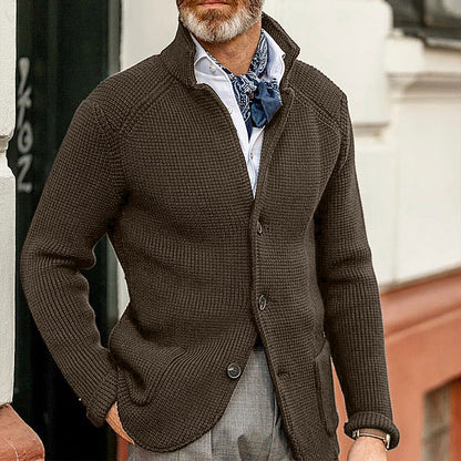 Men's Cardigan with Stand Collar and Button Closure Long Sleeve