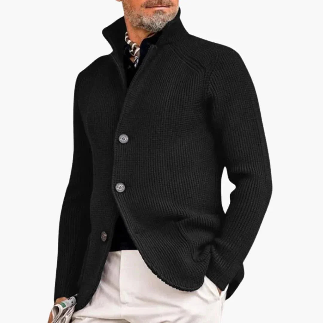 Men's Cardigan with Stand Collar and Button Closure Long Sleeve