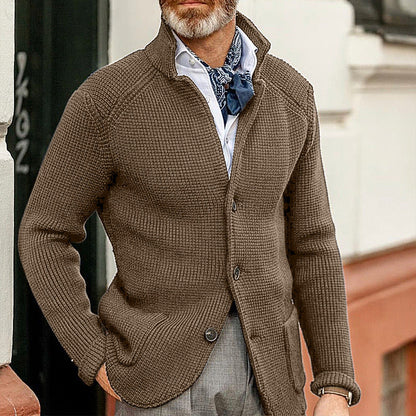 Men's Cardigan with Stand Collar and Button Closure Long Sleeve