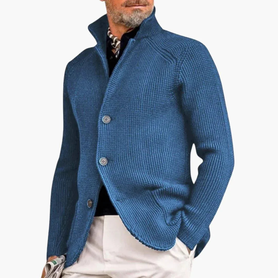 Men's Cardigan with Stand Collar and Button Closure Long Sleeve