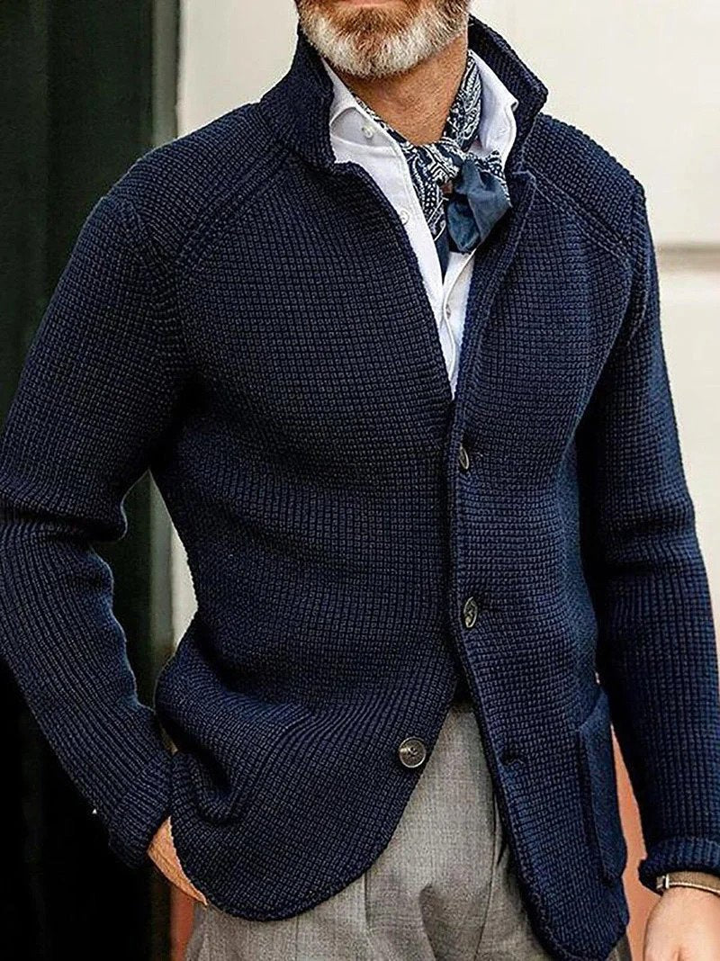 Men's Cardigan with Stand Collar and Button Closure Long Sleeve