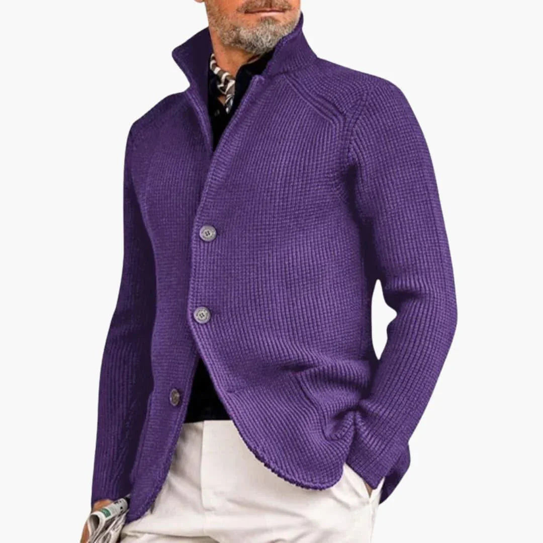 Men's Cardigan with Stand Collar and Button Closure Long Sleeve