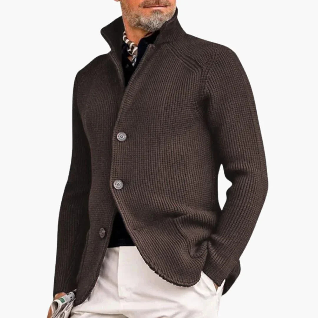 Men's Cardigan with Stand Collar and Button Closure Long Sleeve