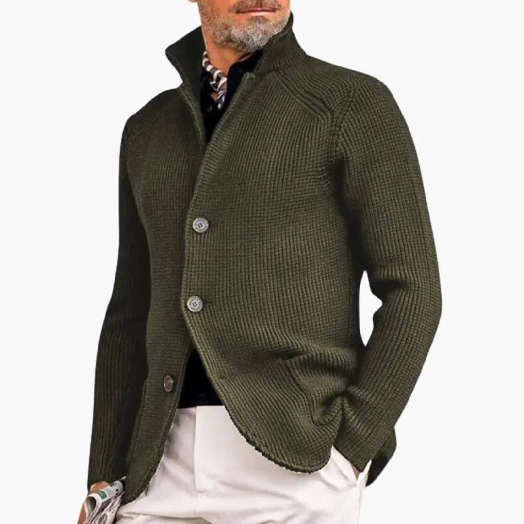 Men's Cardigan with Stand Collar and Button Closure Long Sleeve
