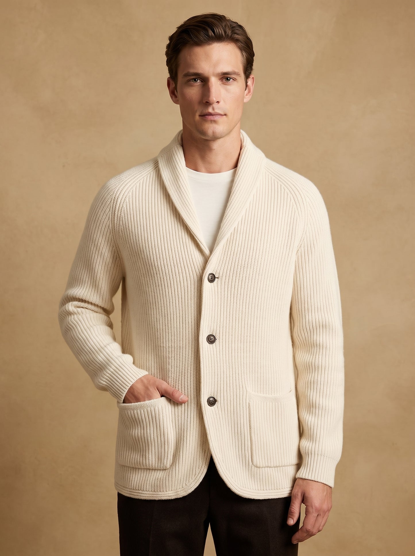 Men's Cardigan with Stand Collar, Button Closure and Front Pockets