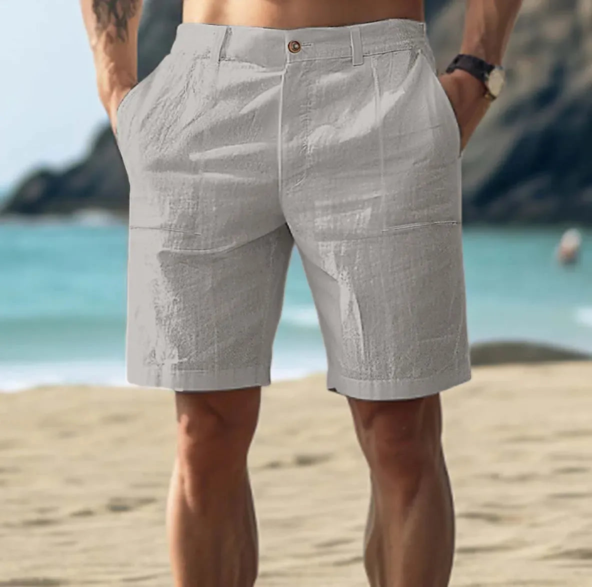 Men's Casual Shorts with Button Closure and Side Pockets