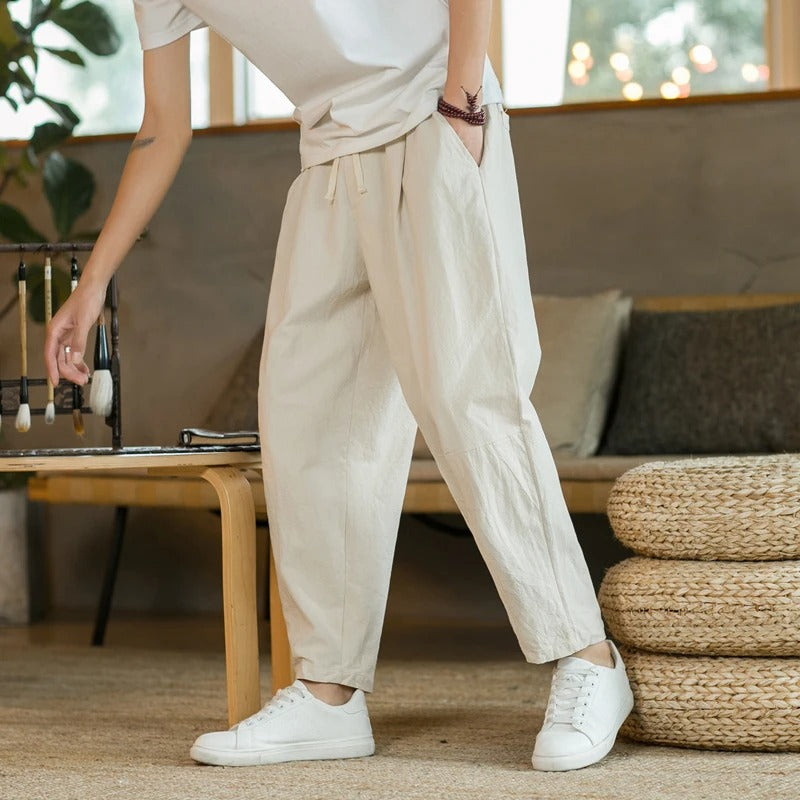 Men's Casual Trousers with Elastic Drawstring Waist and Straight Leg