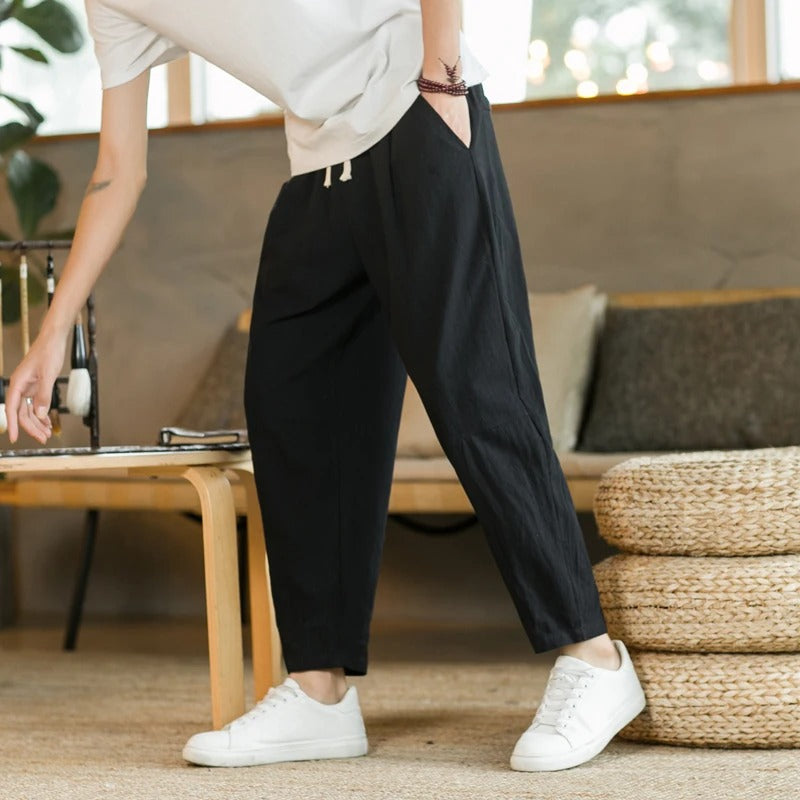 Men's Casual Trousers with Elastic Drawstring Waist and Straight Leg