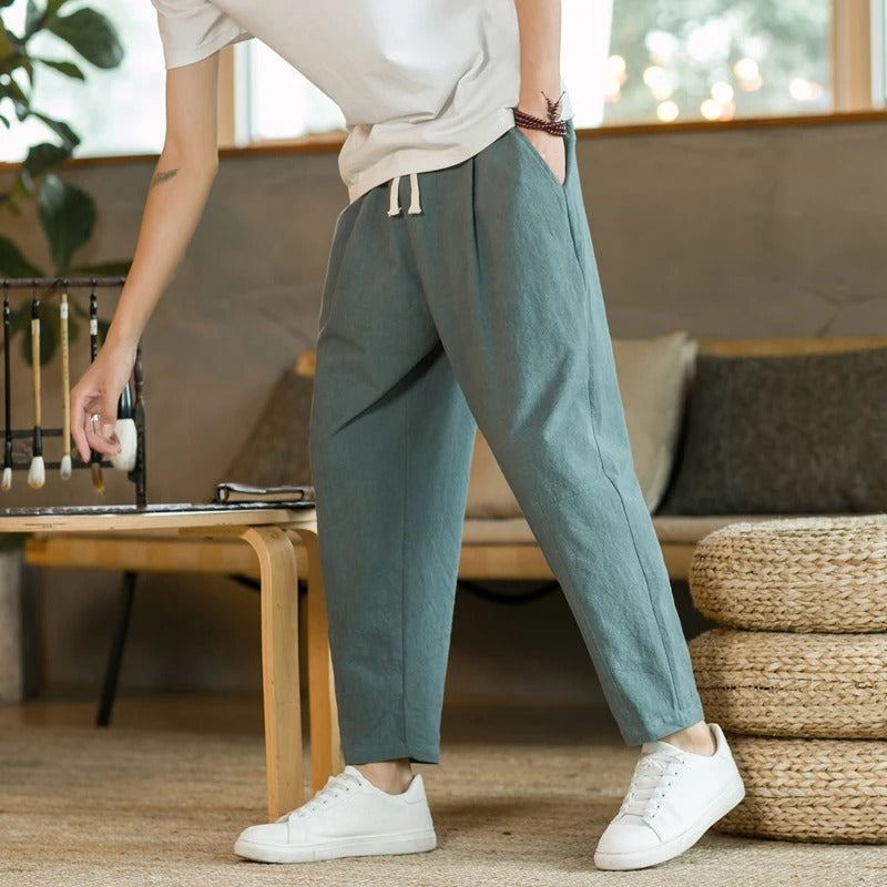 Men's Casual Trousers with Elastic Drawstring Waist and Straight Leg