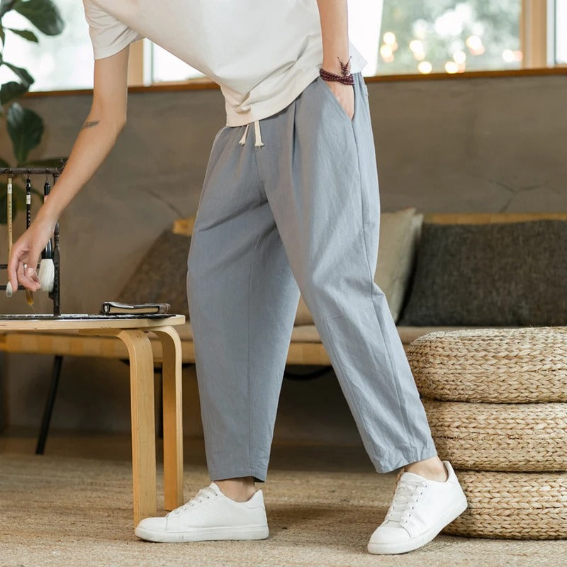 Men's Casual Trousers with Elastic Drawstring Waist and Straight Leg